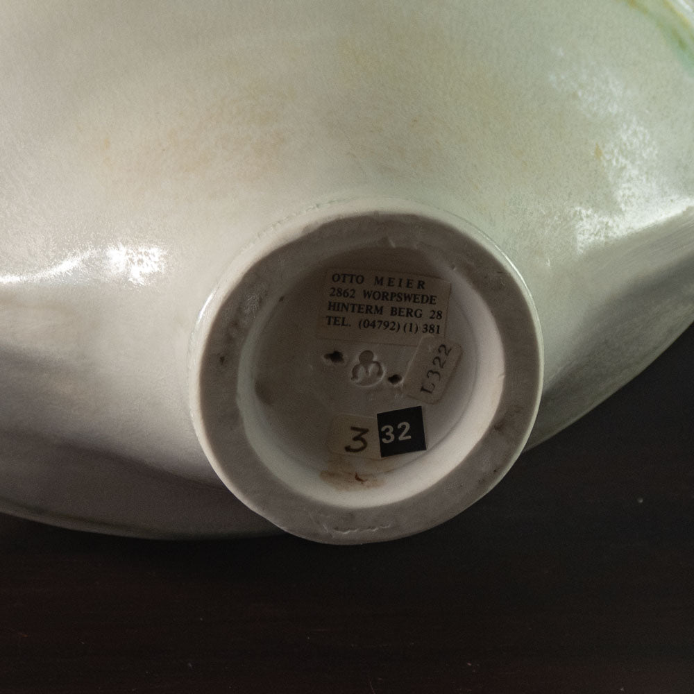 Otto Meier, own studio, Germany, flattened vase with green and white glaze J1738