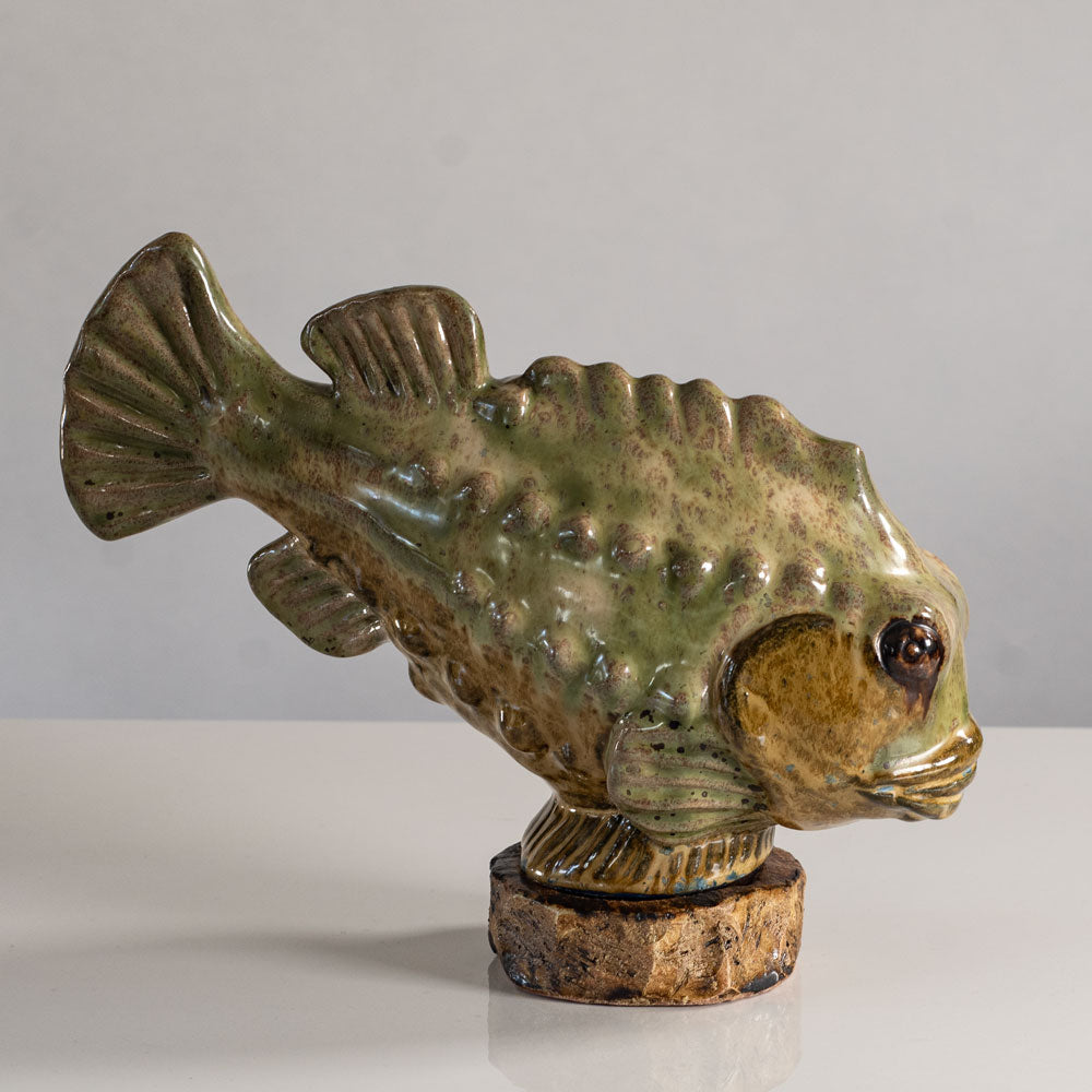 Klas-Göran Klaesson, Höganäs, Sweden, unique earthenware fish with olive glaze L3809