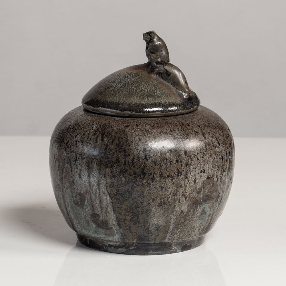 Nils Emil Lundström for Rorstrand, unique stoneware jar with dripping gray glaze and beaver figures to lid L3848