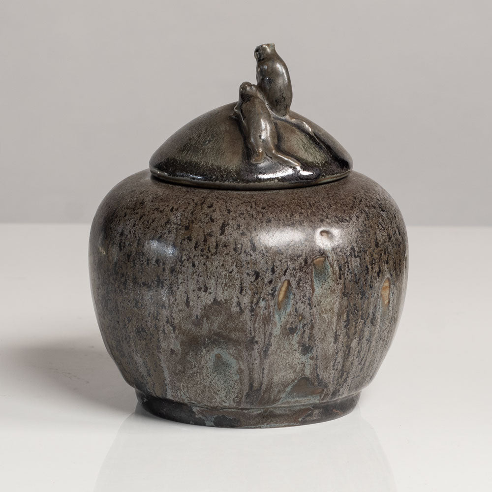 Nils Emil Lundström for Rorstrand, unique stoneware jar with dripping gray glaze and beaver figures to lid L3848