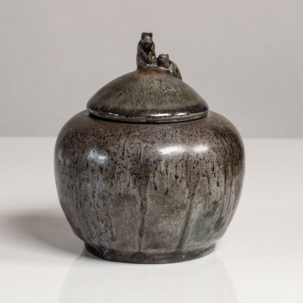 Nils Emil Lundström for Rorstrand, unique stoneware jar with dripping gray glaze and beaver figures to lid L3848