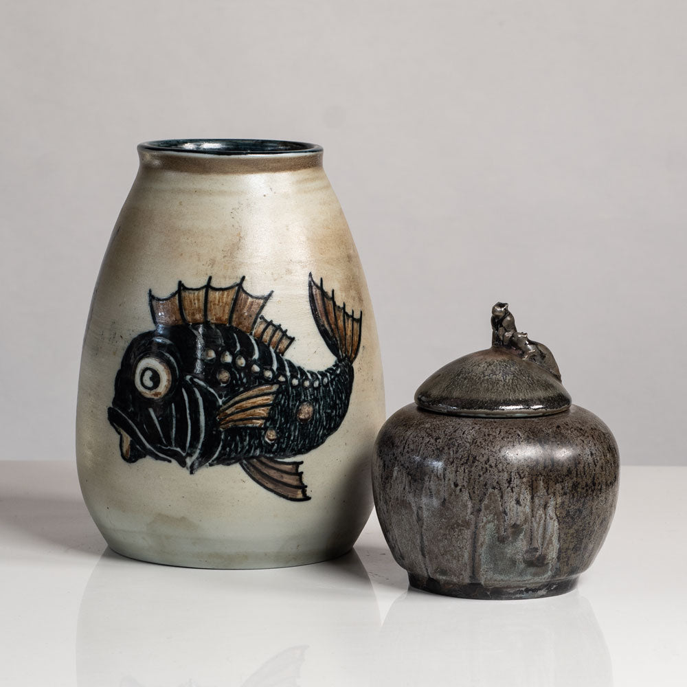 Josef Ekberg for Rorstrand, Sweden, unique stoneware vase with handpainted underglaze fish L3920