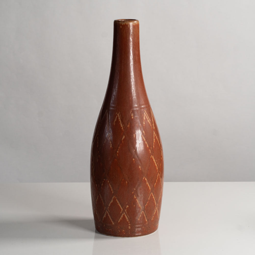 Gunnar Nylund for Rörstrand, Sweden, cylindrical stoneware vase with impressed pattern and reddish brown glaze L3970