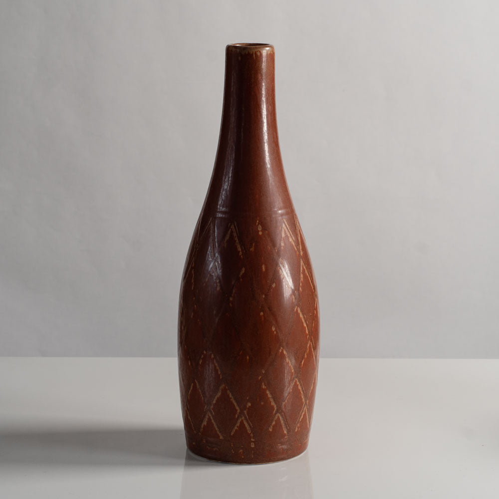 Gunnar Nylund for Rörstrand, Sweden, cylindrical stoneware vase with impressed pattern and reddish brown glaze L3970