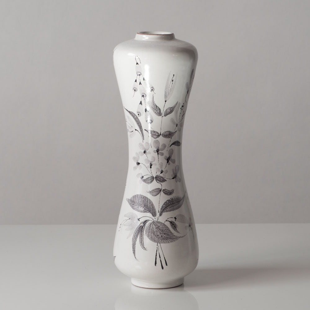 Stig Lindberg for Gustavsberg, Sweden, gray and white floral faience vase J1359