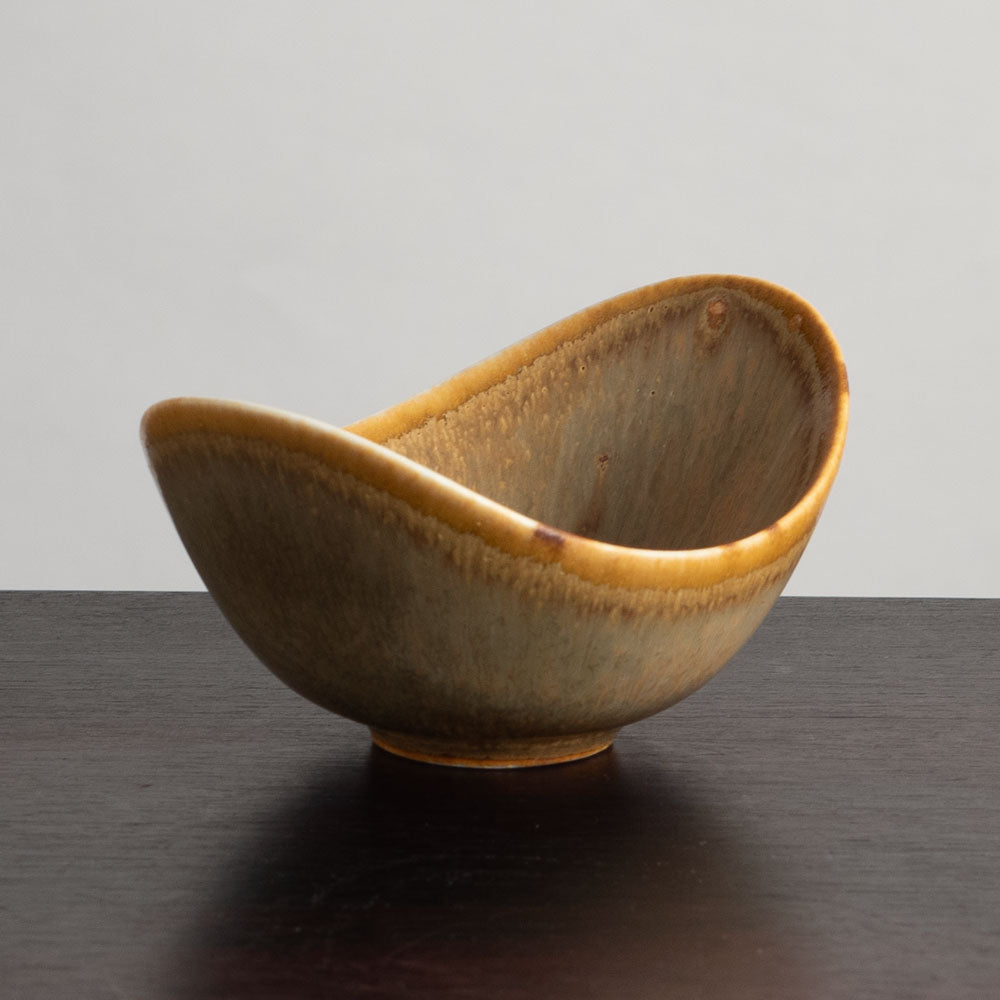 Gunnar Nylund for Rorstrand, Sweden, small ovoid bowl with brown haresfur glaze N3932