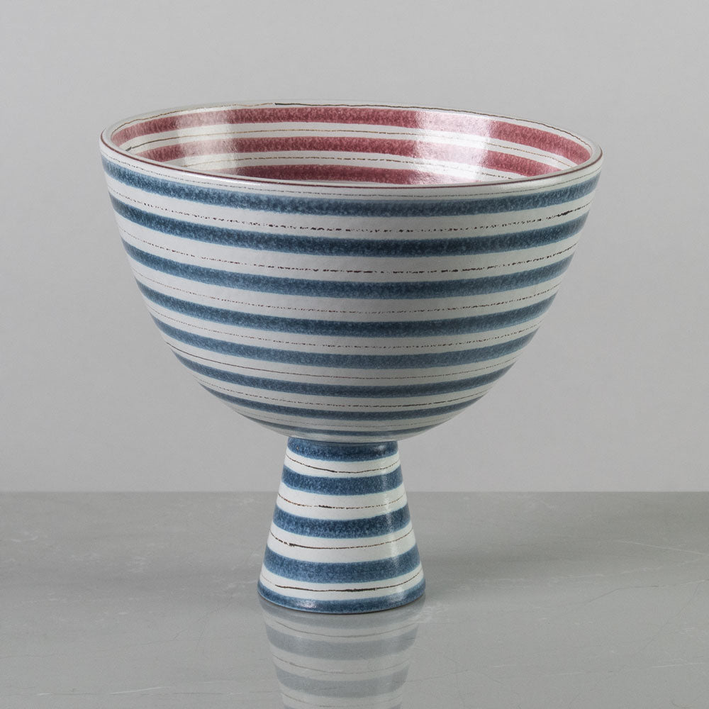 Stig Lindberg for Gustavsberg, Sweden, striped earthenware footed bowl  in pink, blue and white J1606