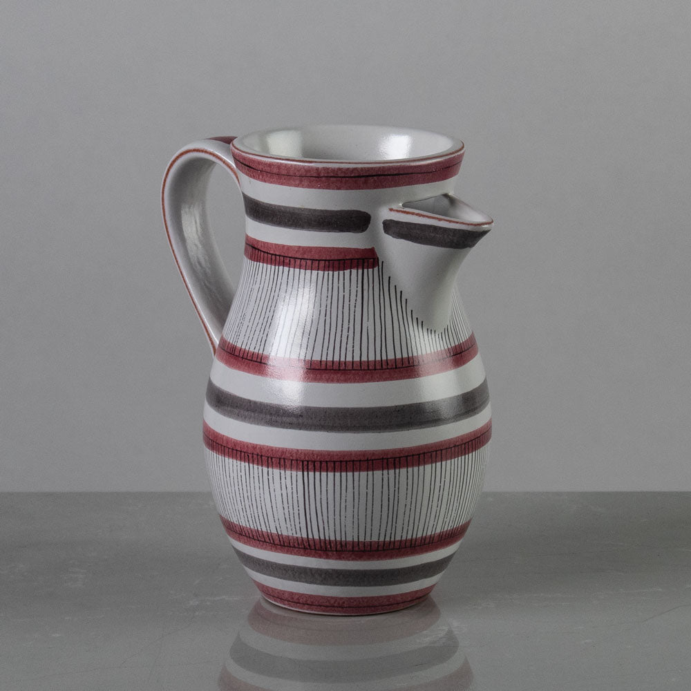 Stig Lindberg for Gustavsberg, Sweden, striped earthenware pitcher in pink, gray and white K2065