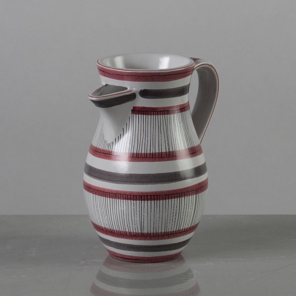 Stig Lindberg for Gustavsberg, Sweden, striped earthenware pitcher in pink, gray and white K2065