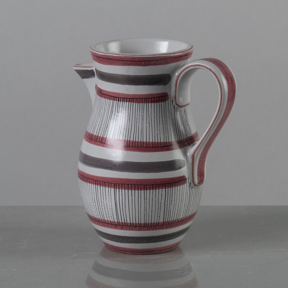 Stig Lindberg for Gustavsberg, Sweden, striped earthenware pitcher in pink, gray and white K2065