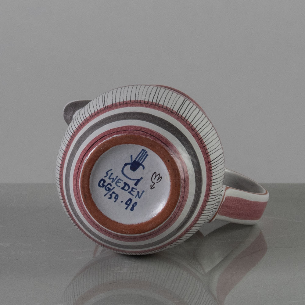 Stig Lindberg for Gustavsberg, Sweden, striped earthenware pitcher in pink, gray and white K2065
