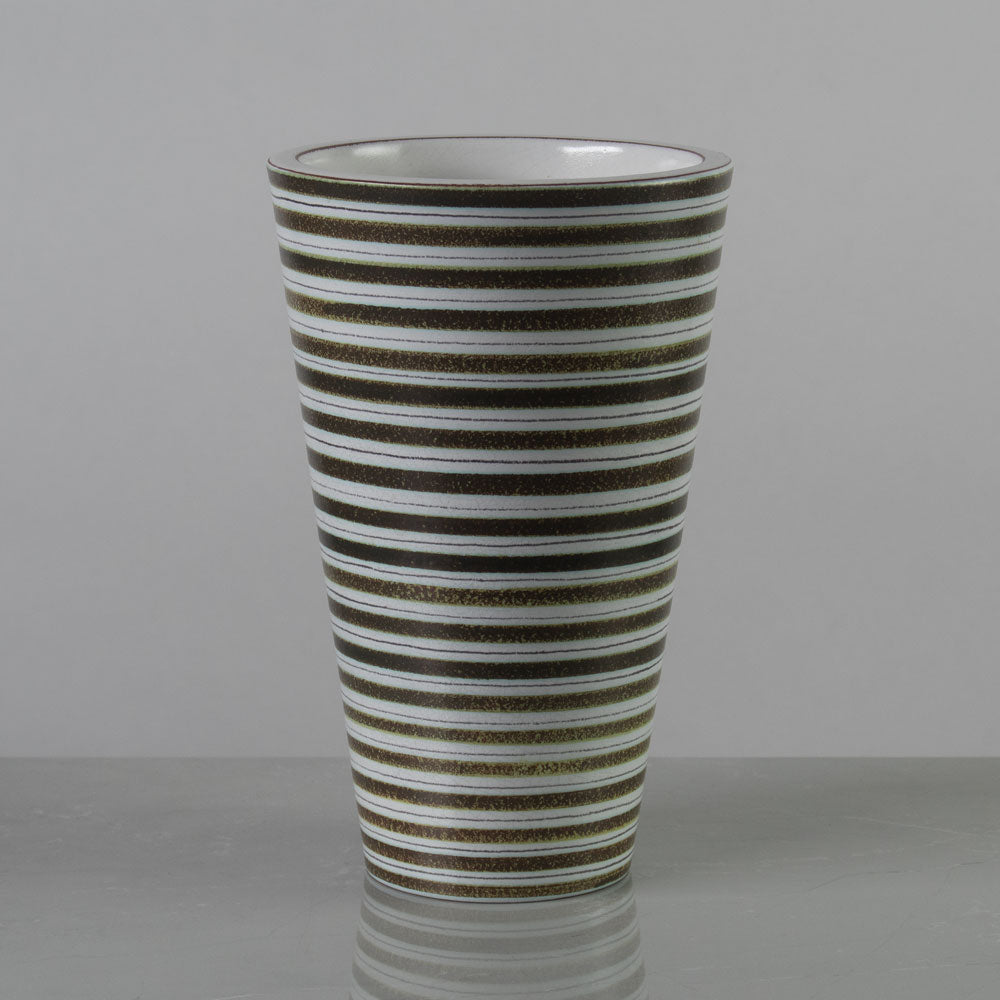 Stig Lindberg for Gustavsberg, Sweden, striped earthenware vase in greenish brown and white K2221