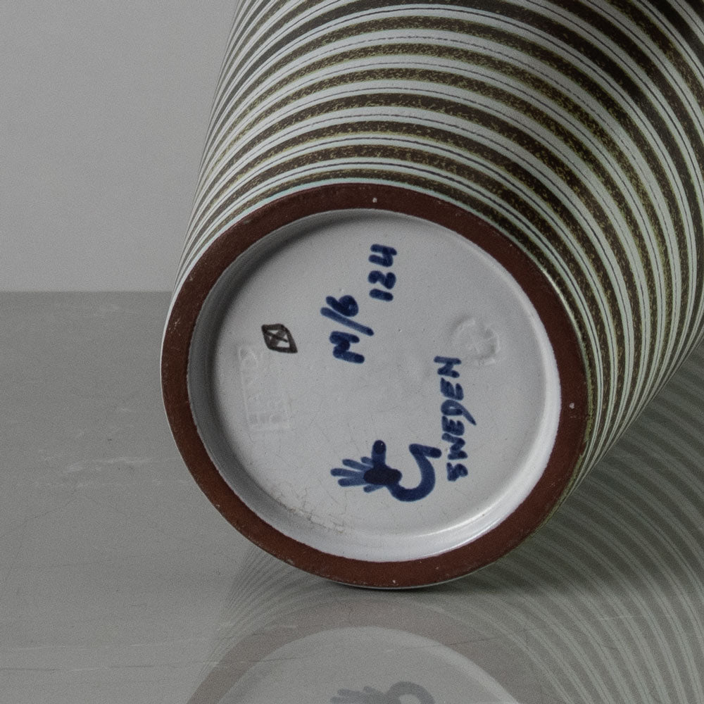 Stig Lindberg for Gustavsberg, Sweden, striped earthenware vase in greenish brown and white K2221