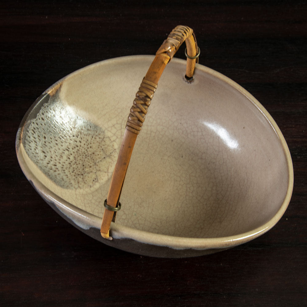 Richard Bampi, Germany, unique stoneware bowl with brown and pink matte glaze and wicker handle H1617