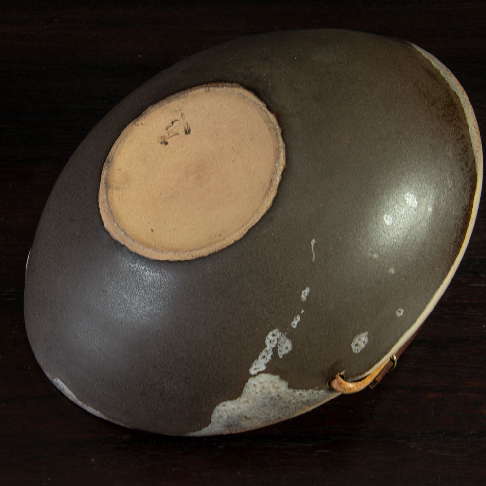 Richard Bampi, Germany, unique stoneware bowl with brown and pink matte glaze and wicker handle H1617