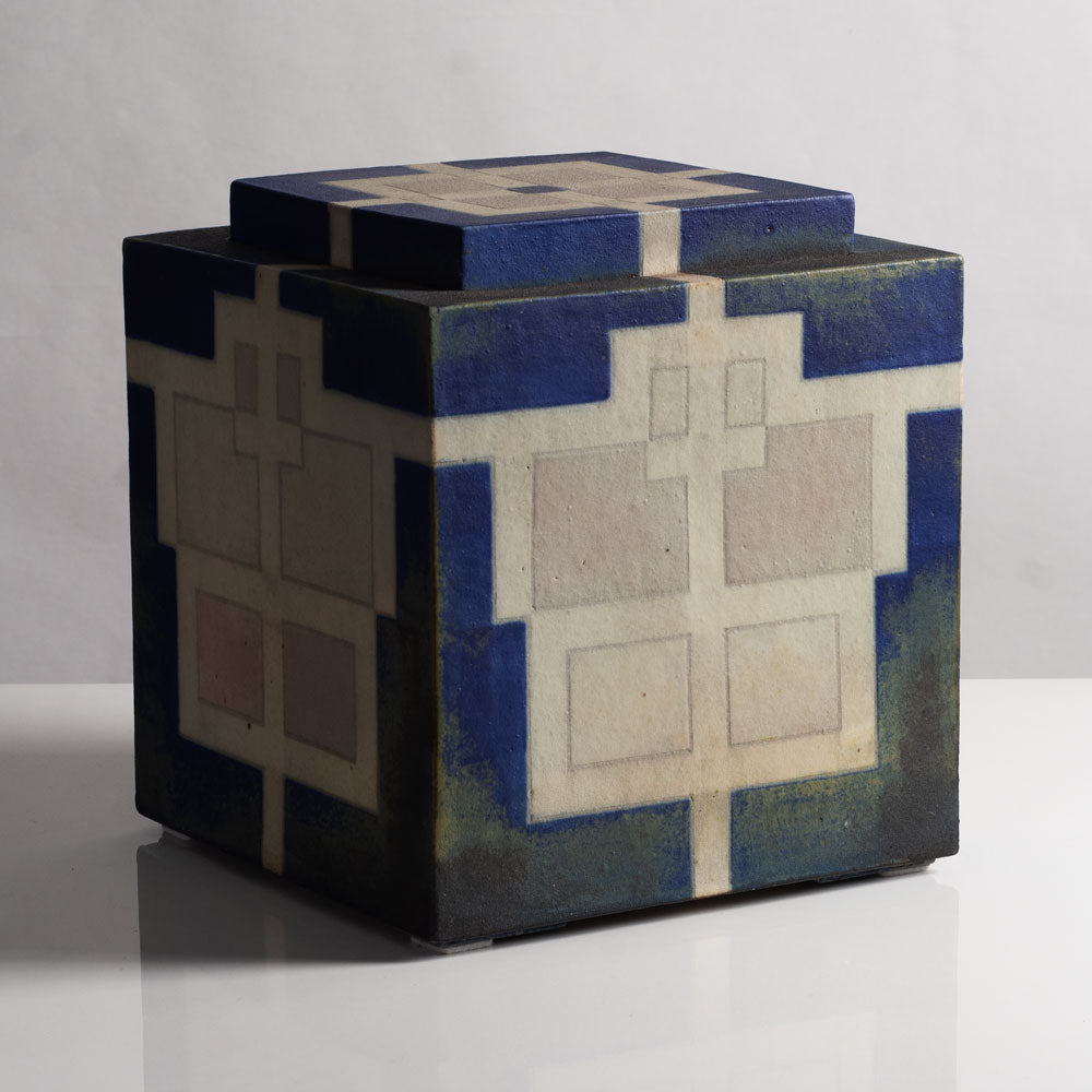 Ursula Scheid, Germany, large unique stoneware lidded box with blue and cream glaze L3756