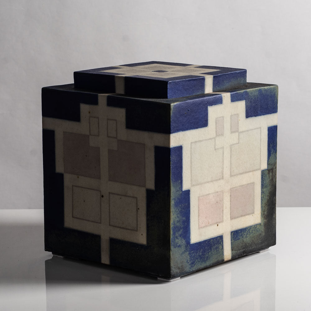 Ursula Scheid, Germany, large unique stoneware lidded box with blue and cream glaze L3756