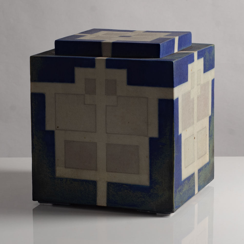 Ursula Scheid, Germany, large unique stoneware lidded box with blue and cream glaze L3756