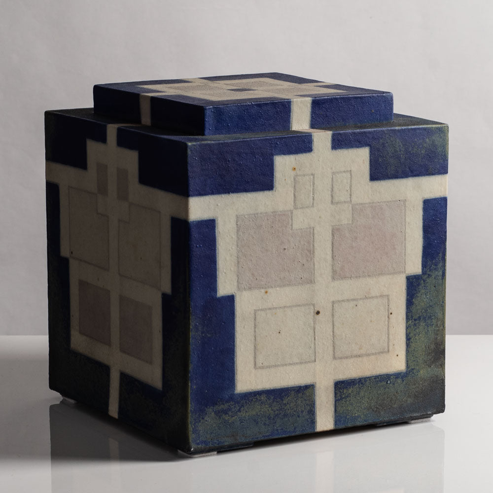 Ursula Scheid, Germany, large unique stoneware lidded box with blue and cream glaze L3756