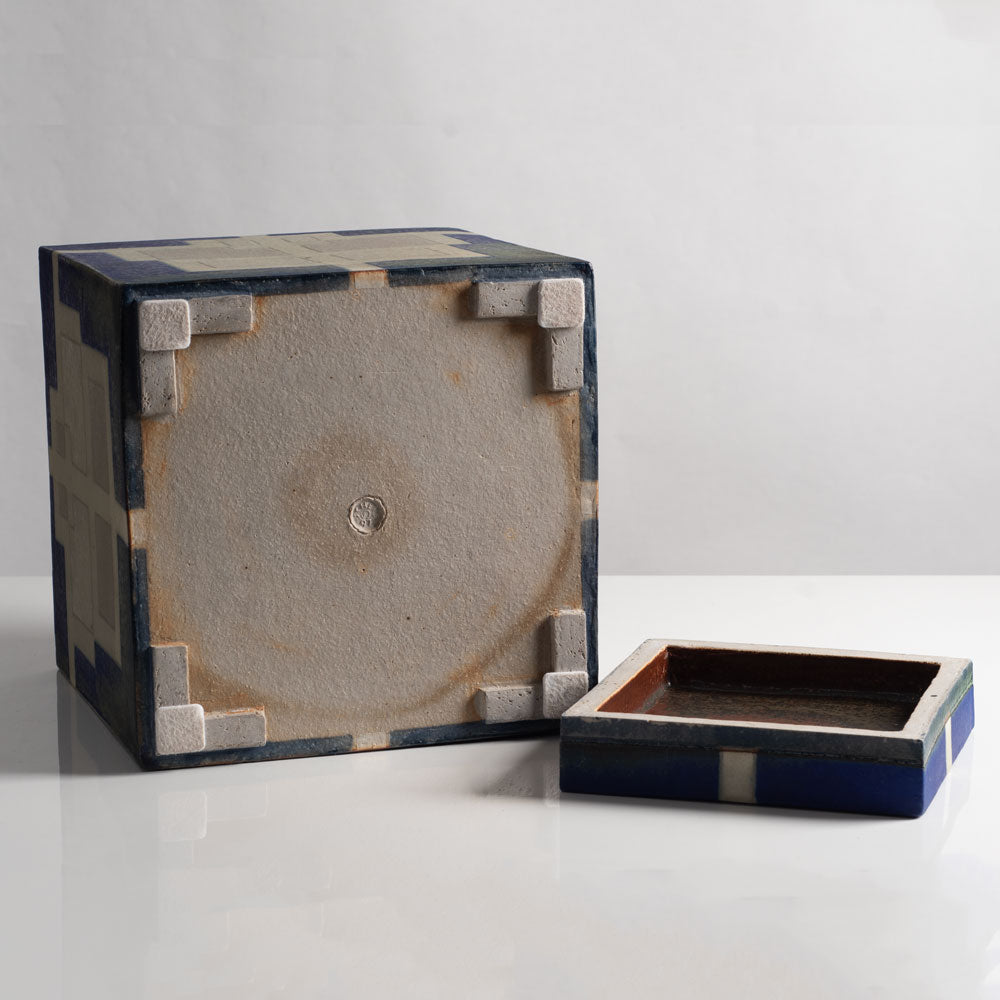 Ursula Scheid, Germany, large unique stoneware lidded box with blue and cream glaze L3756