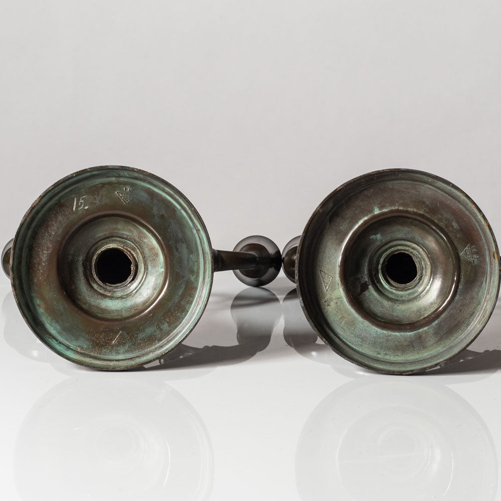 Just Andersen, Denmark, pair of Disko metal candelabras K2680