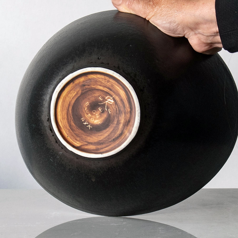 Gunnar Nylund for Rörstrand, Sweden, large ovoid bowl with black haresfur glaze J1012
