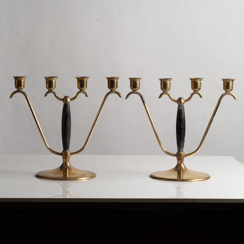 OH Lagerstedt, Sweden, pair of brass and wood candelabras L3781