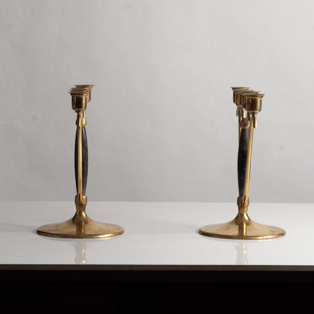 OH Lagerstedt, Sweden, pair of brass and wood candelabras L3781