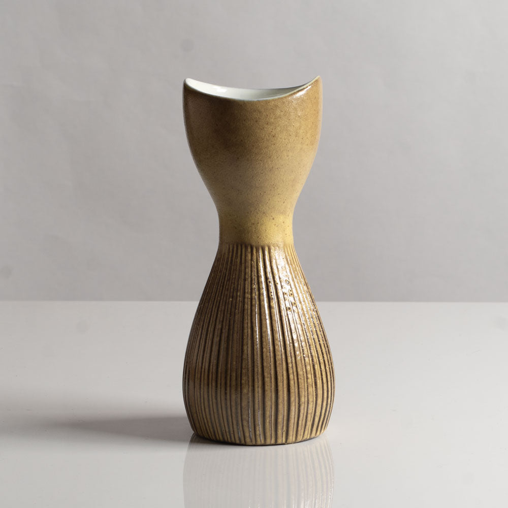 Hjördis Oldfors fluted vase with olive yellow glaze for Uppsala Ekeby, Sweden H1296