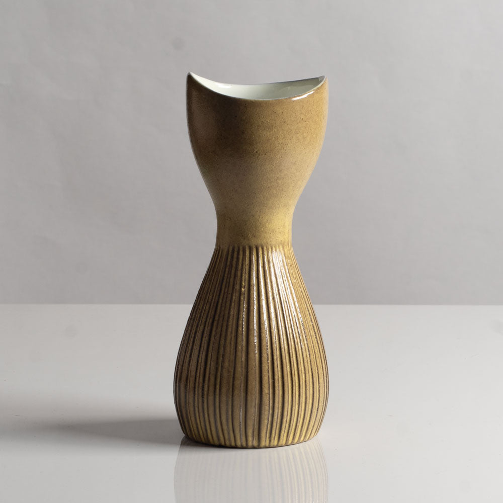 Hjördis Oldfors fluted vase with olive yellow glaze for Uppsala Ekeby, Sweden H1296