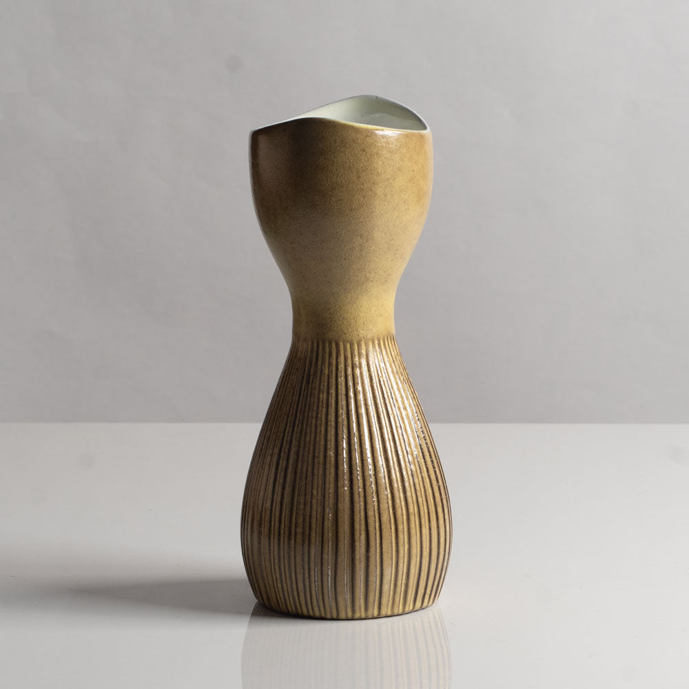 Hjördis Oldfors fluted vase with olive yellow glaze for Uppsala Ekeby, Sweden H1296