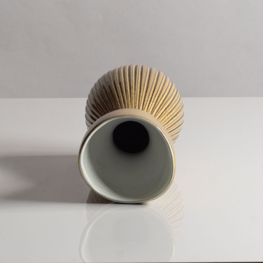 Hjördis Oldfors fluted vase with olive yellow glaze for Uppsala Ekeby, Sweden H1296