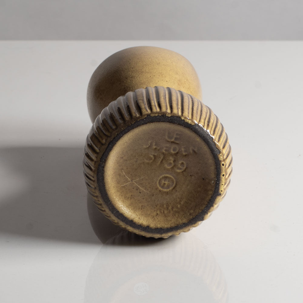 Hjördis Oldfors fluted vase with olive yellow glaze for Uppsala Ekeby, Sweden H1296