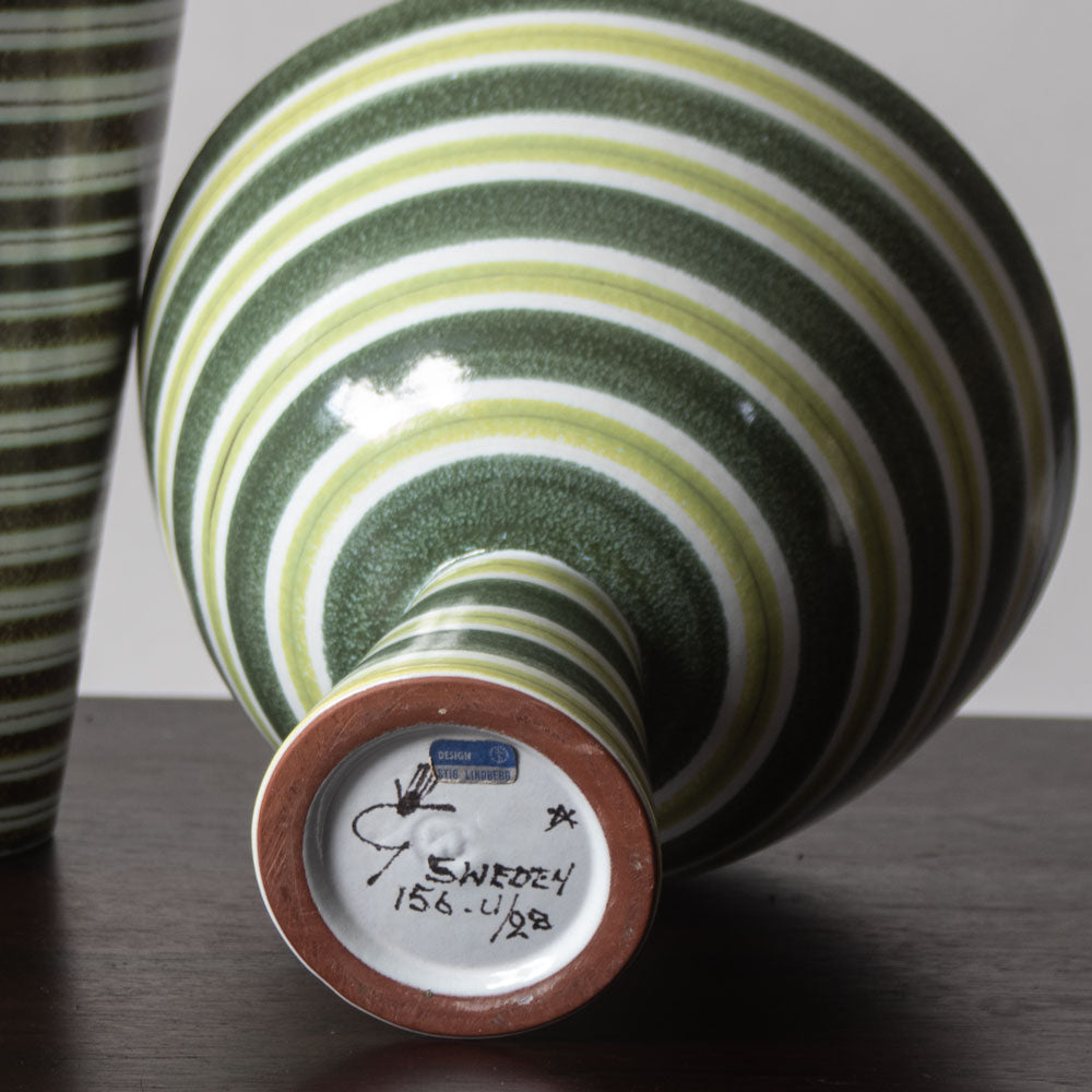 Stig Lindberg for Gustavsberg, Sweden, striped earthenware footed bowl  in green and white K2262