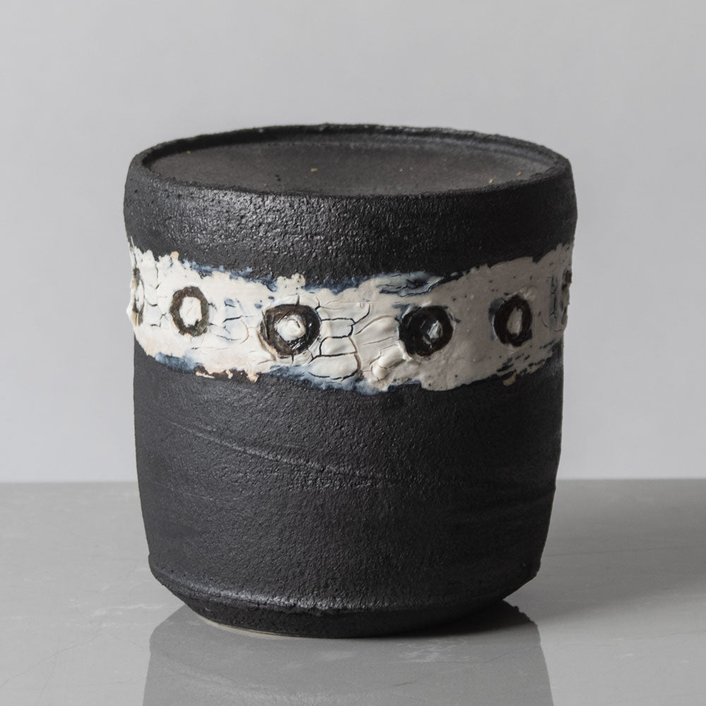 Dan Kelly, UK, stoneware pot with matte black glaze and white band K2157