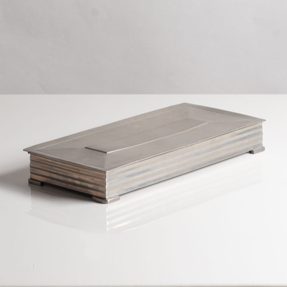 GAB Tenn, Sweden, pewter box with wood interior, pewter cups, and gaming chips L3699