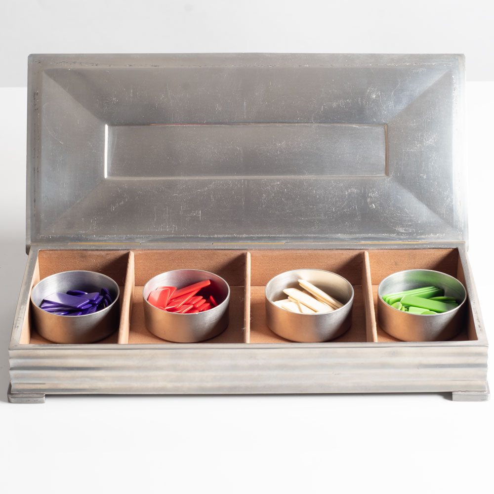 GAB Tenn, Sweden, pewter box with wood interior, pewter cups, and gaming chips L3699