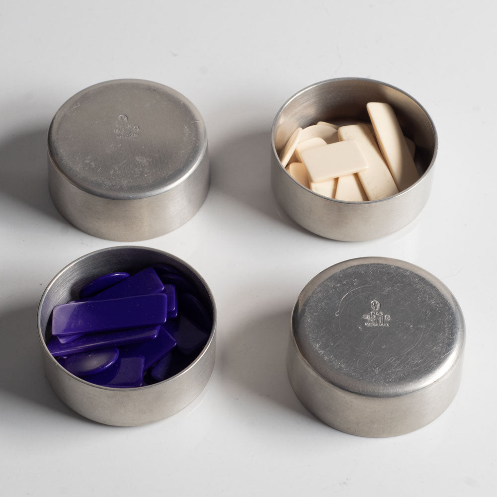 GAB Tenn, Sweden, pewter box with wood interior, pewter cups, and gaming chips L3699