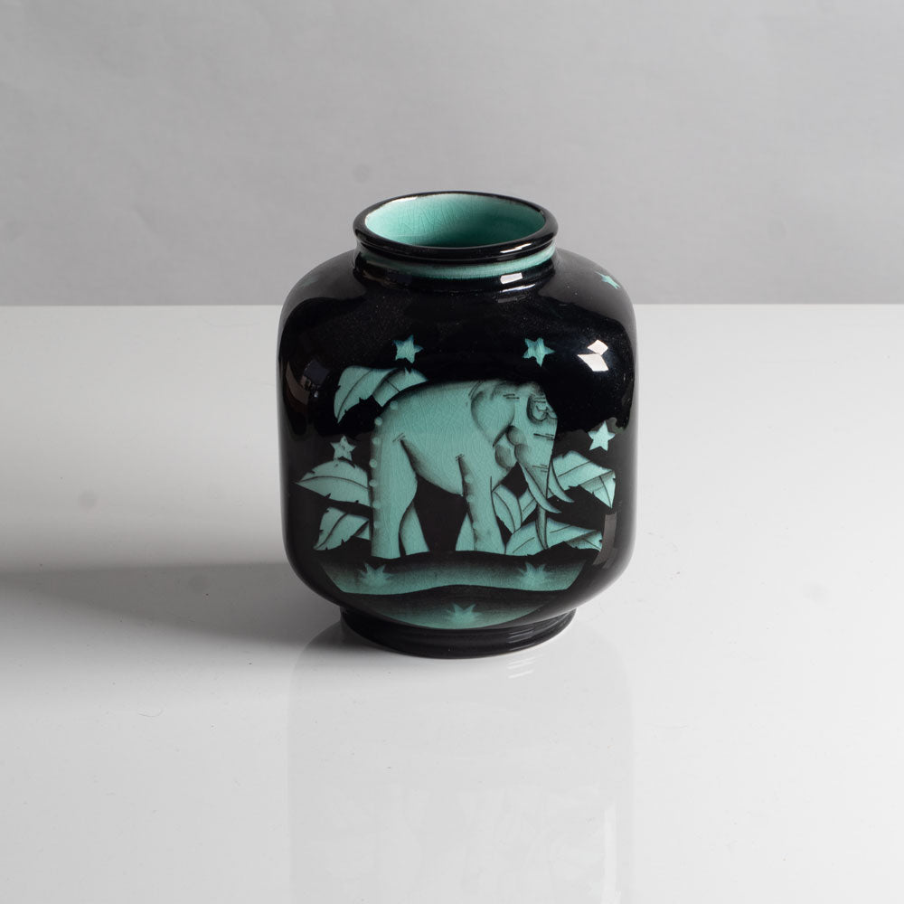 Ilse Claesson, Sweden, Light turquois and black vase with elephant for Rorstrand L3063