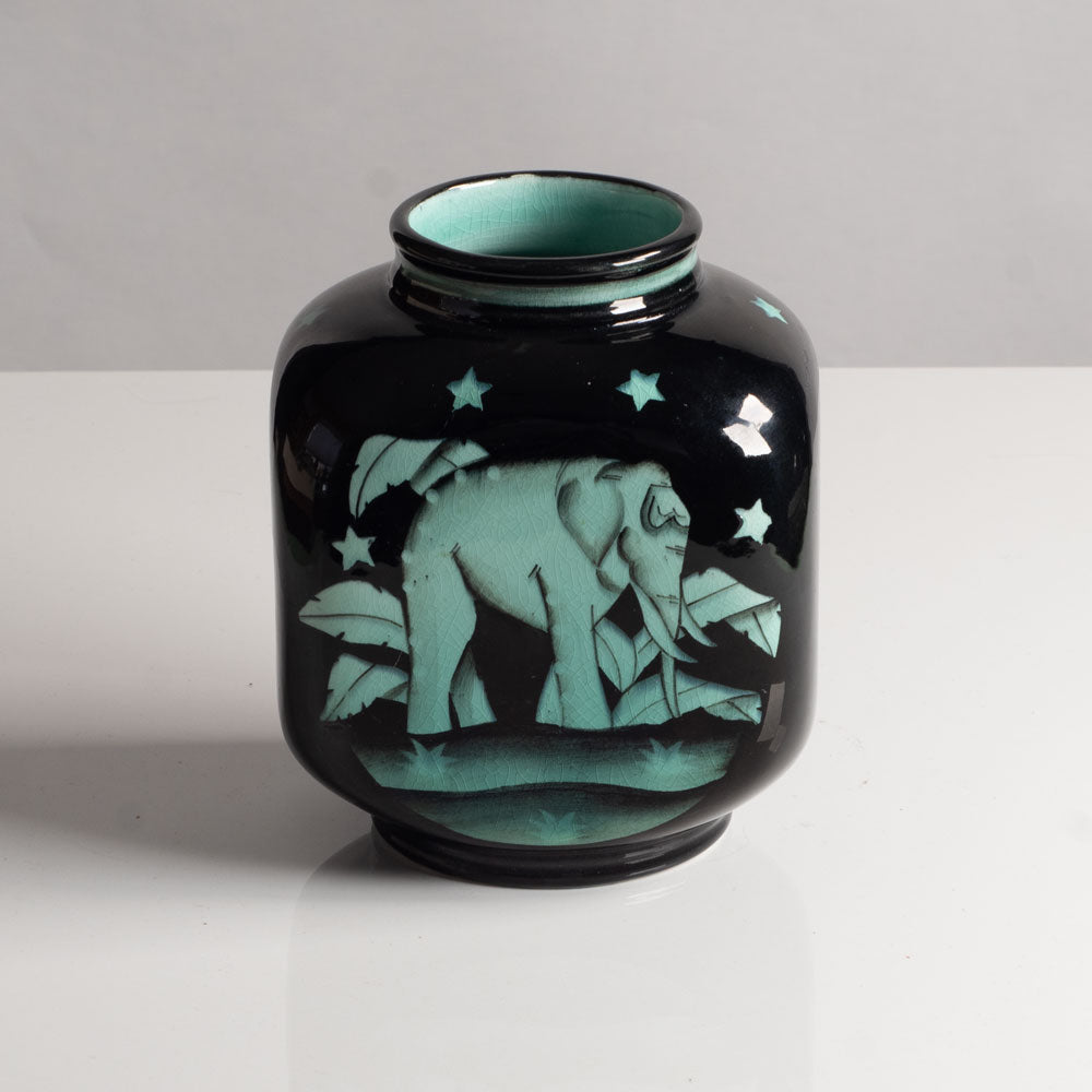 Ilse Claesson, Sweden, Light turquois and black vase with elephant for Rorstrand L3063