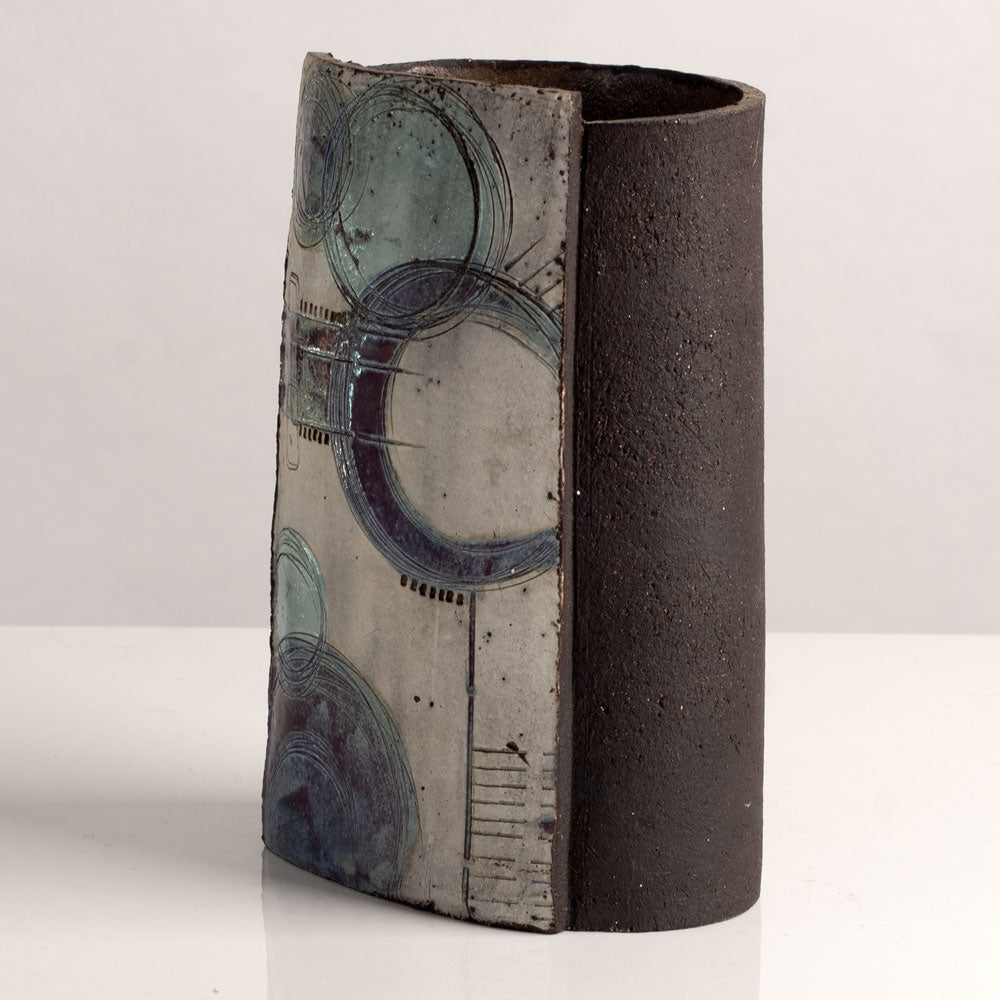 Katy O'Neil, UK stoneware rectangular vase with blue, gray and brown glaze L3990