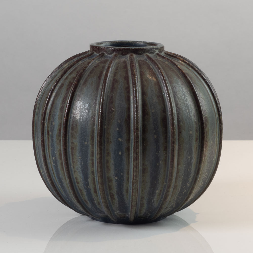 Arne Bang, Denmark, blue and brown ribbed vase K2735