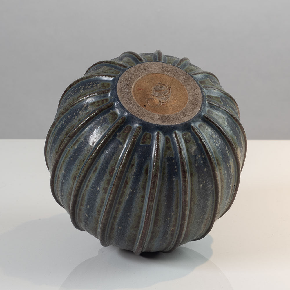 Arne Bang, Denmark, blue and brown ribbed vase K2735