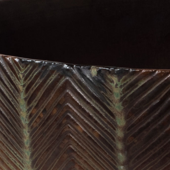 Axel Salto for Royal Copenhagen, Denmark, stoneware bowl with herringbone pattern and green and brown glaze K2631