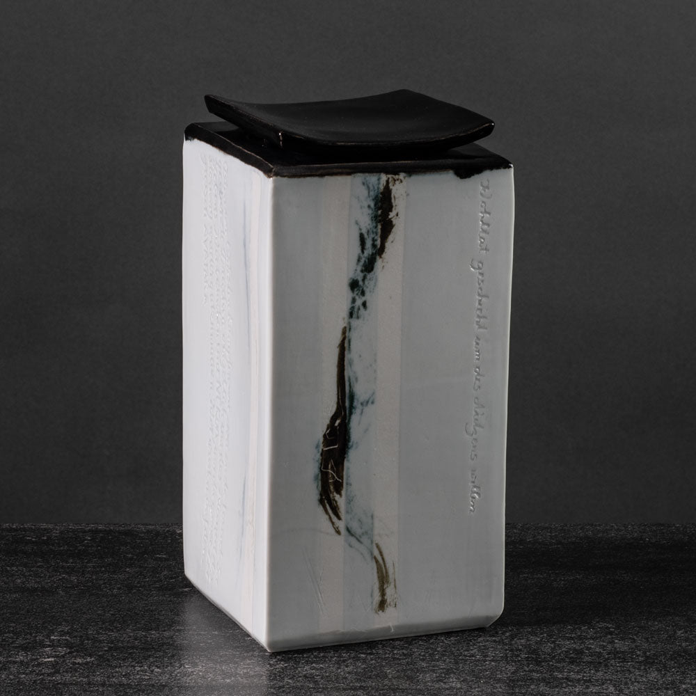 Christine Atmer de Reig, own studio, Germany unique porcelain lidded jar with inscriptions J1288