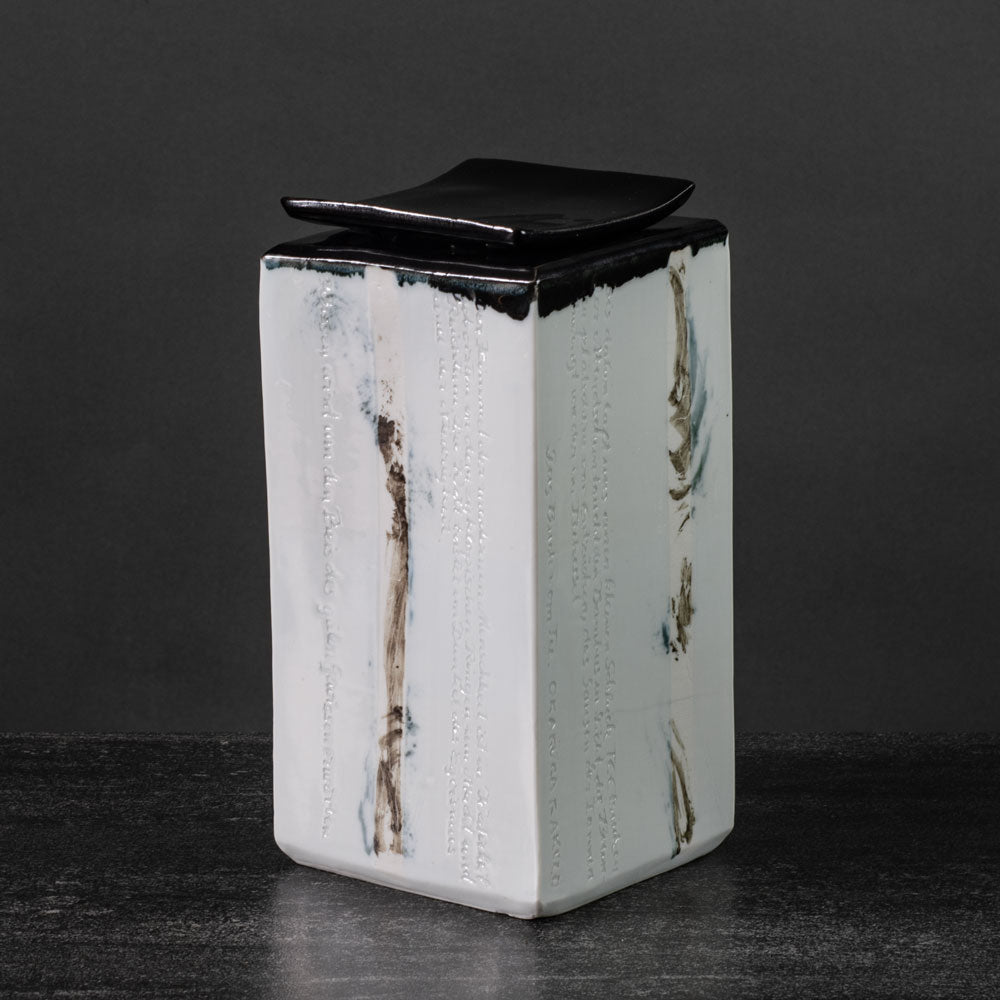 Christine Atmer de Reig, own studio, Germany unique porcelain lidded jar with inscriptions J1288