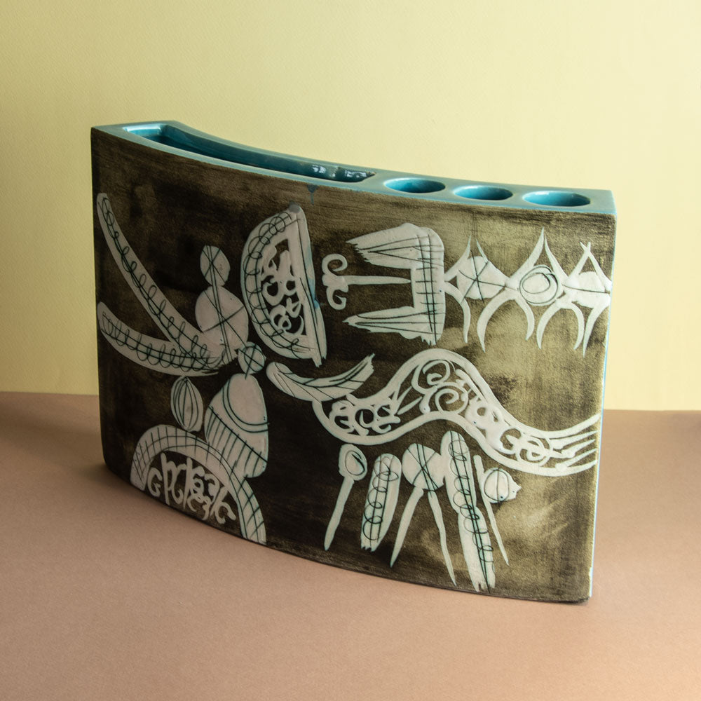 Gilbert Portanier, France, multi-opening ceramic vase with turquoise glaze and sgraffito illustration H1573