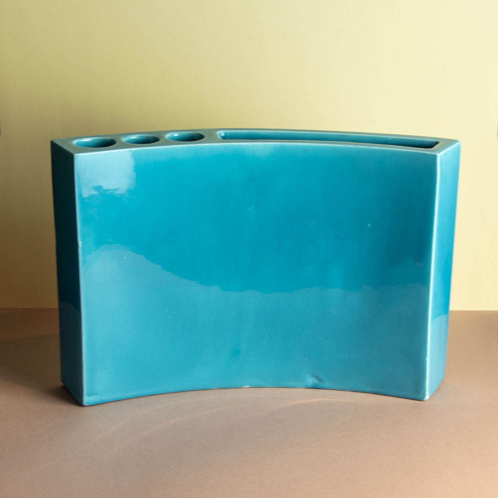 Gilbert Portanier, France, multi-opening ceramic vase with turquoise glaze and sgraffito illustration H1573