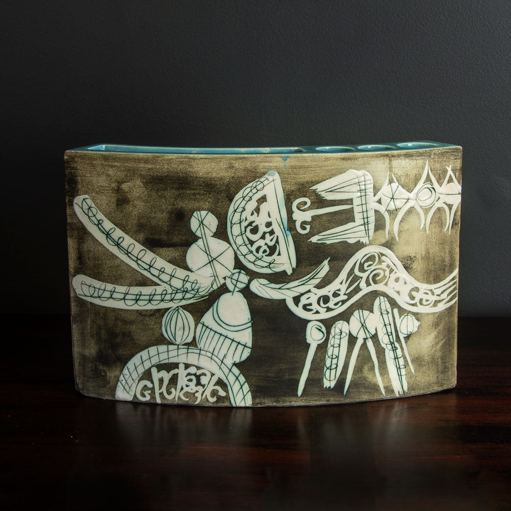 Gilbert Portanier, France, multi-opening ceramic vase with turquoise glaze and sgraffito illustration H1573