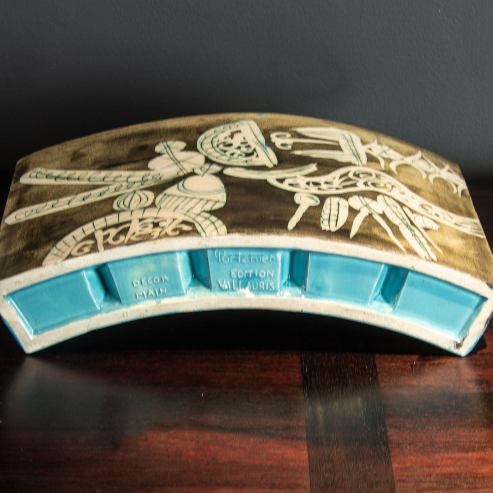 Gilbert Portanier, France, multi-opening ceramic vase with turquoise glaze and sgraffito illustration H1573